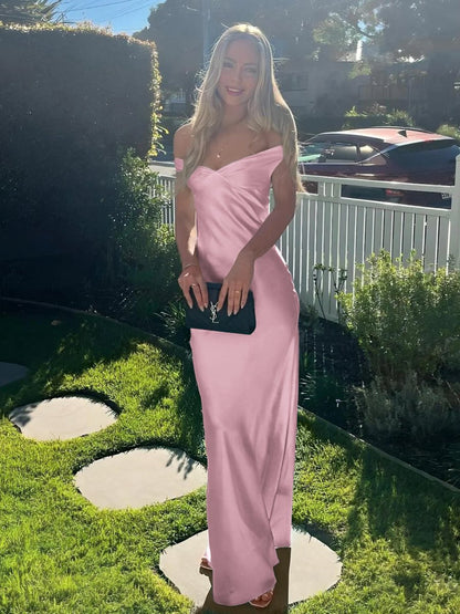 Off the Shoulder Sheath Satin Long Prom Dresses