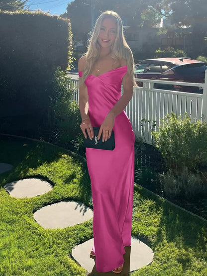 Off the Shoulder Sheath Satin Long Prom Dresses