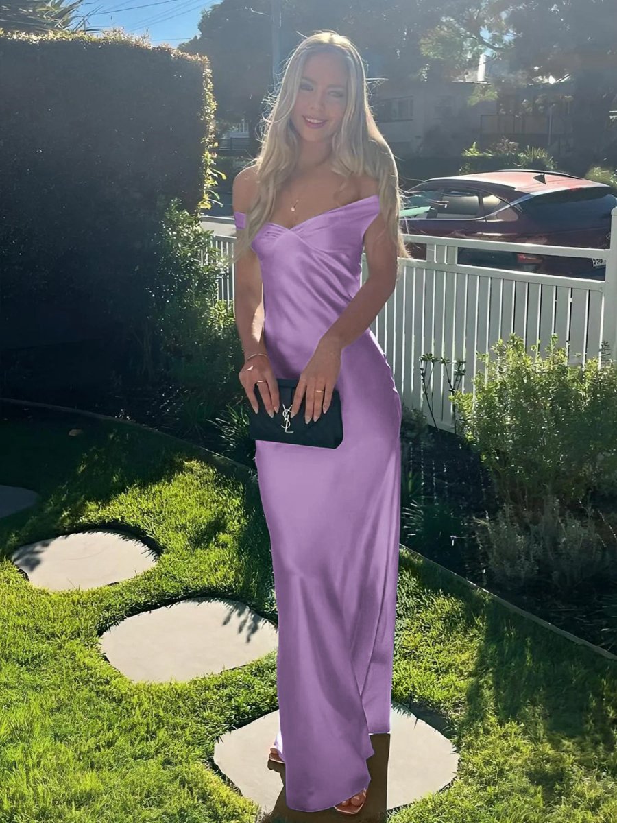 Off the Shoulder Sheath Satin Long Prom Dresses