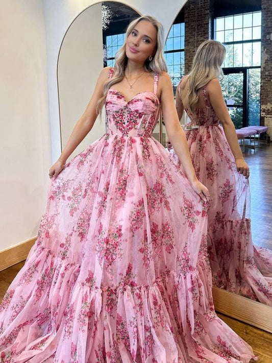 Sweetheart A-line Floral Printed Chiffon Long Prom Dresses with Bow