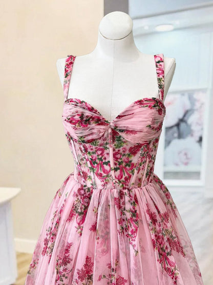 Sweetheart A-line Floral Printed Chiffon Long Prom Dresses with Bow