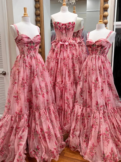 Sweetheart A-line Floral Printed Chiffon Long Prom Dresses with Bow
