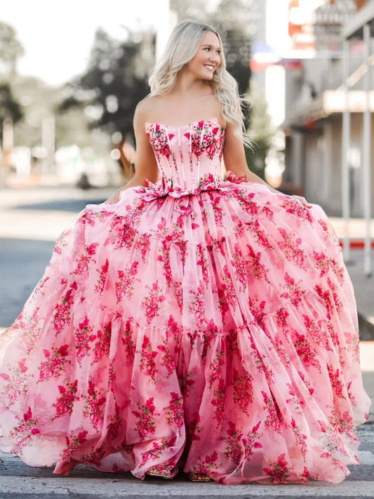 Strapless Chiffon A-line Floral Tie Prom Dresses with Bow