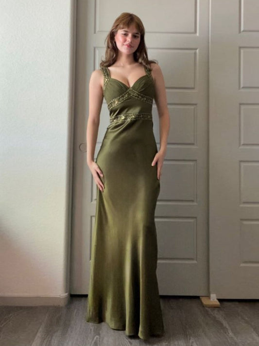 Sheath Satin Beaded Long Prom Dresses