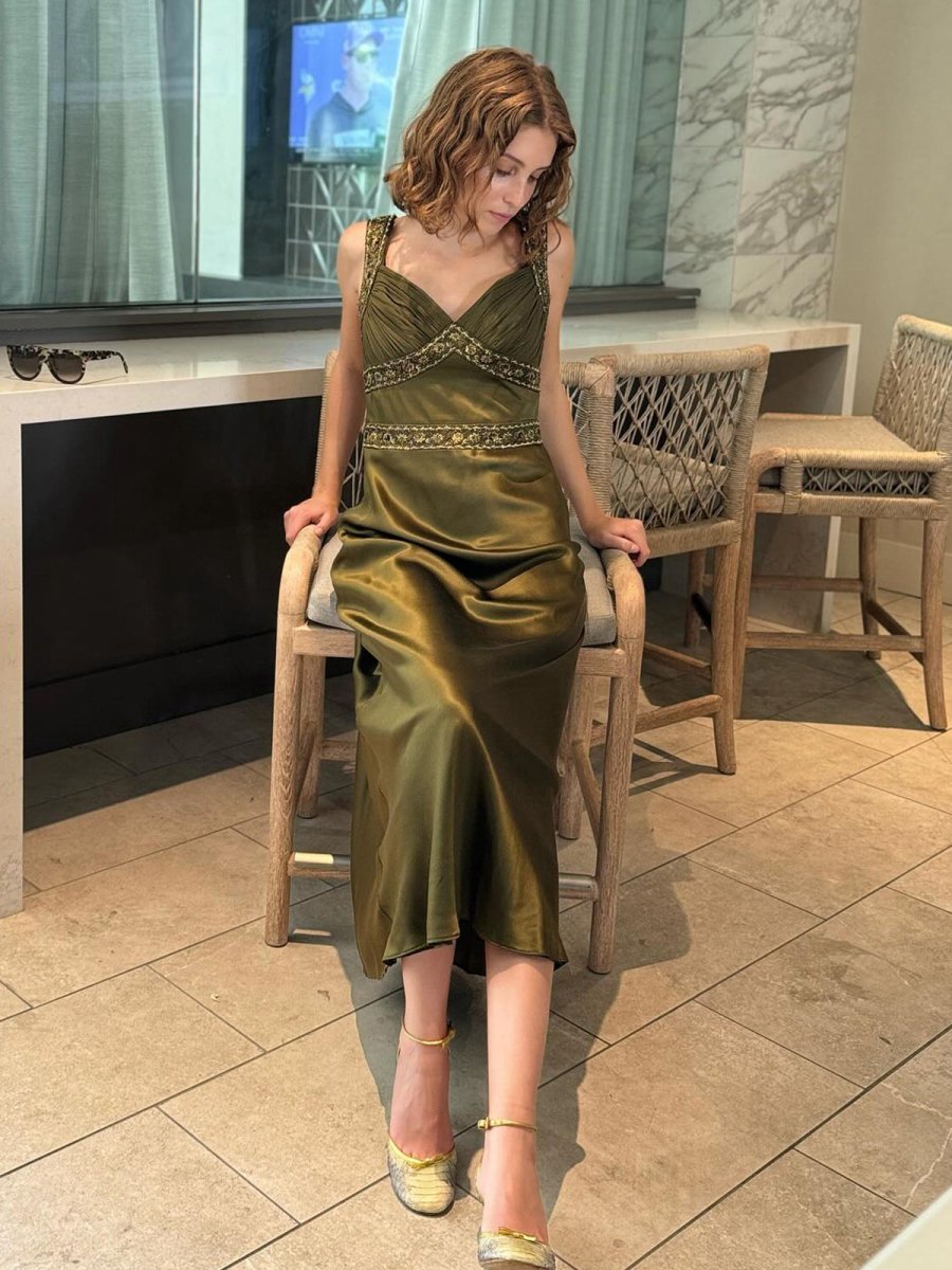 Sheath Satin Beaded Long Prom Dresses
