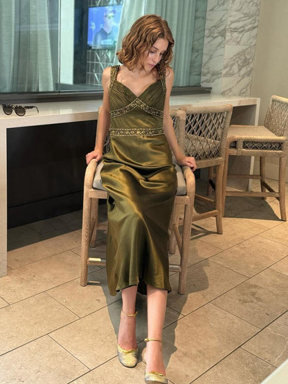 Sheath Satin Beaded Long Prom Dresses