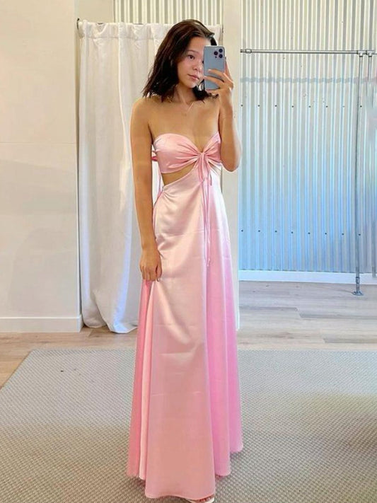 Strapless Back Tie Satin A-line Prom Dresses