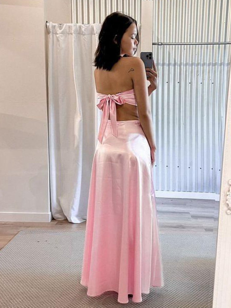 Strapless Back Tie Satin A-line Prom Dresses