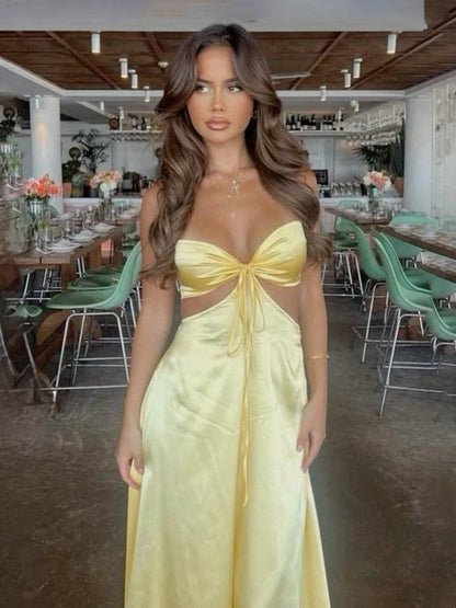 Strapless Back Tie Satin A-line Prom Dresses