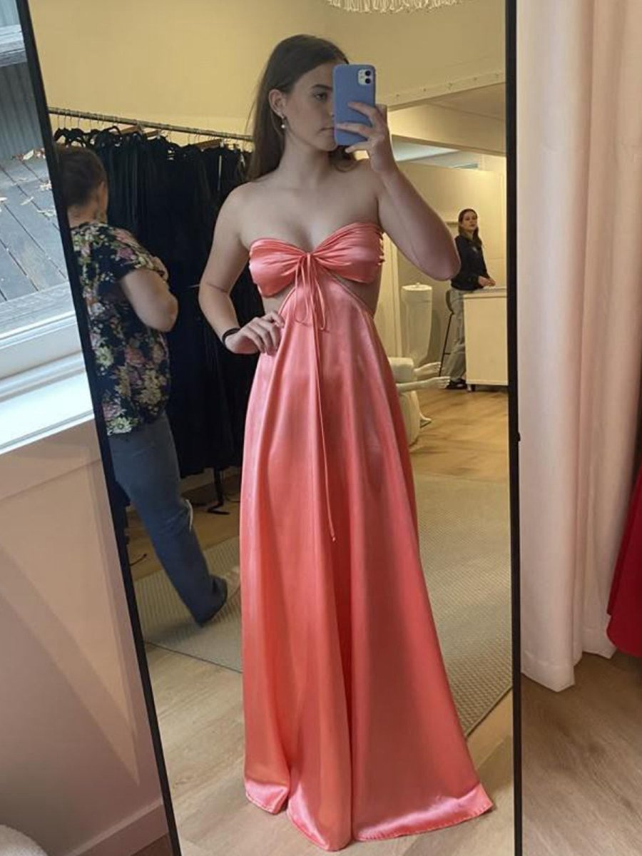 Strapless Back Tie Satin A-line Prom Dresses