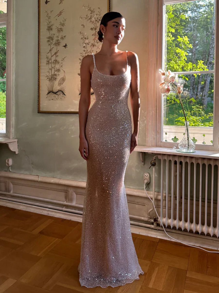 Simple Mermaid Straps Sequin Prom Dresses with Split