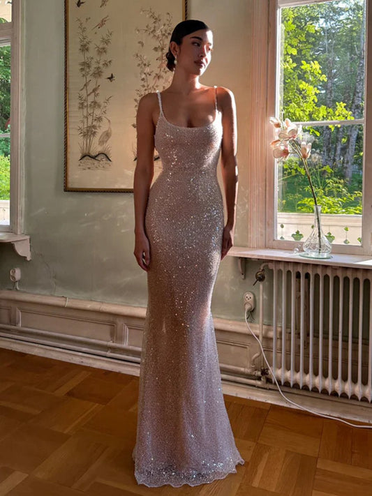 Simple Mermaid Straps Sequin Prom Dresses with Split