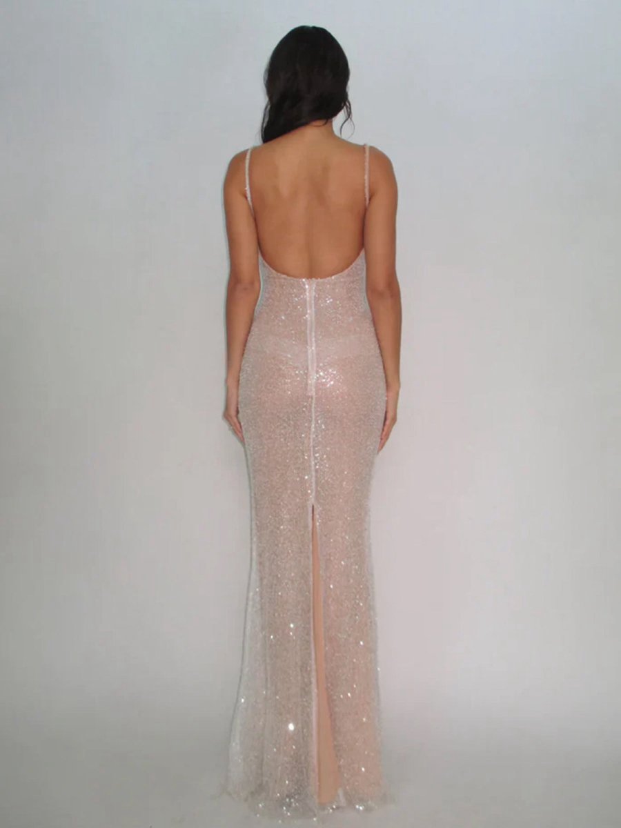 Simple Mermaid Straps Sequin Prom Dresses with Split