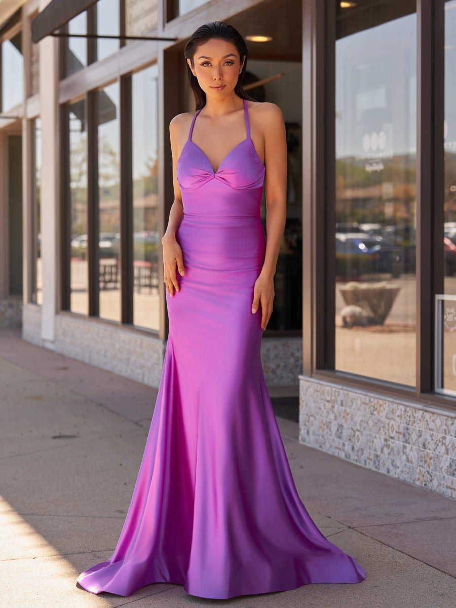 Mermaid V-Neck Jersey Formal Dresses with Lace-Up Back