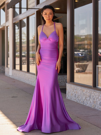 Mermaid V-Neck Jersey Formal Dresses with Lace-Up Back