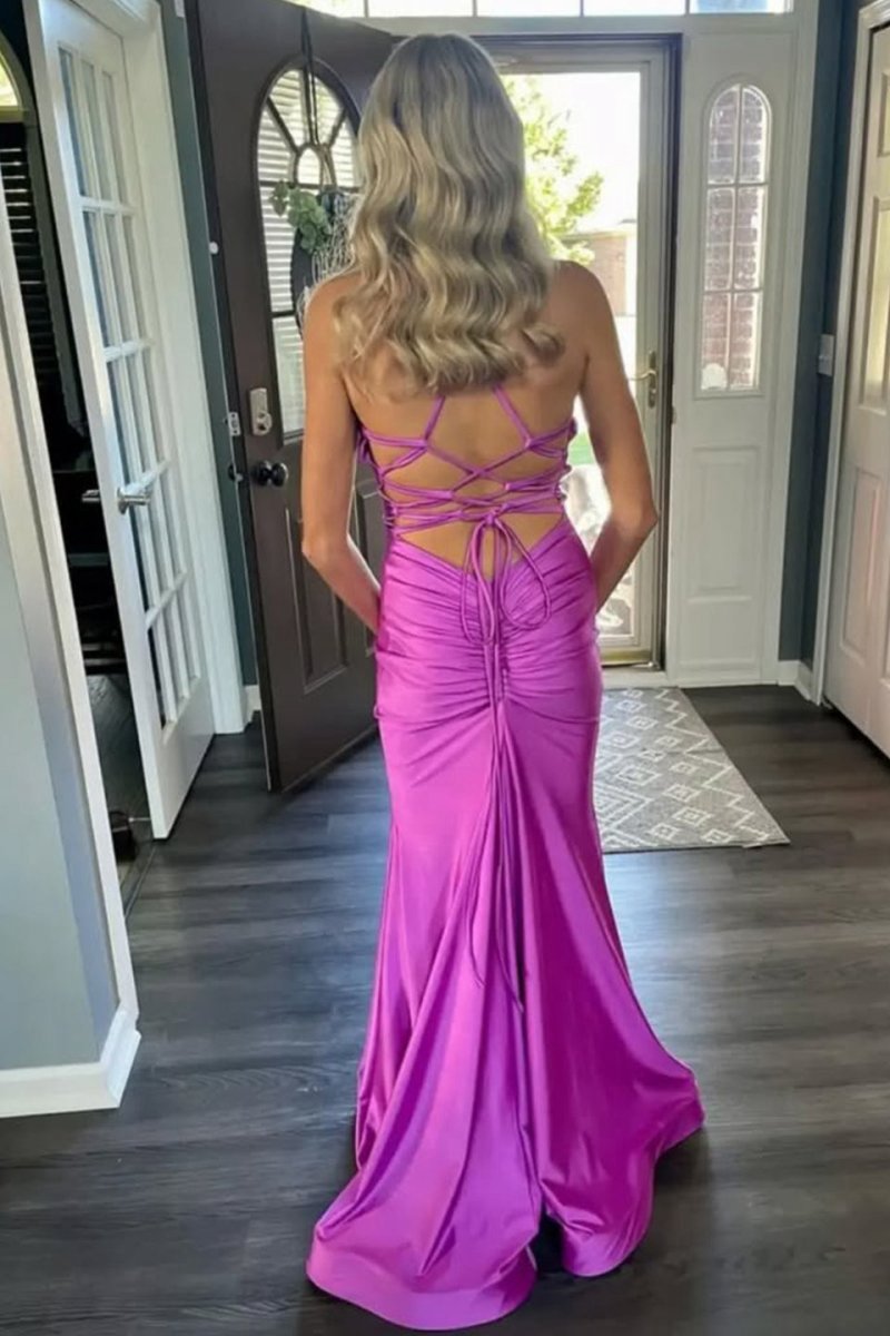Mermaid V-Neck Jersey Formal Dresses with Lace-Up Back