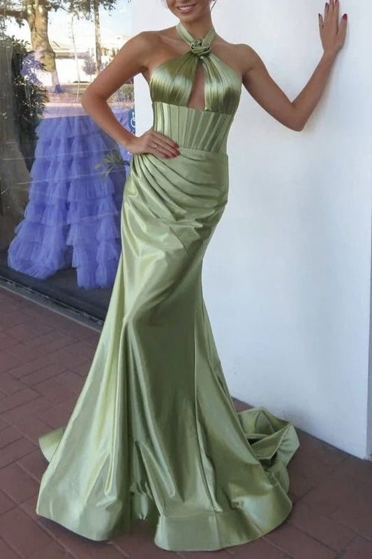 Mermaid Sage Halter Corset Long Prom Dresses with Rosette Embellishment