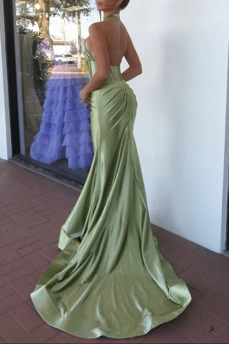 Mermaid Sage Halter Corset Long Prom Dresses with Rosette Embellishment
