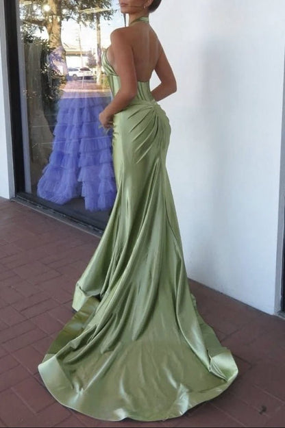 Mermaid Sage Halter Corset Long Prom Dresses with Rosette Embellishment