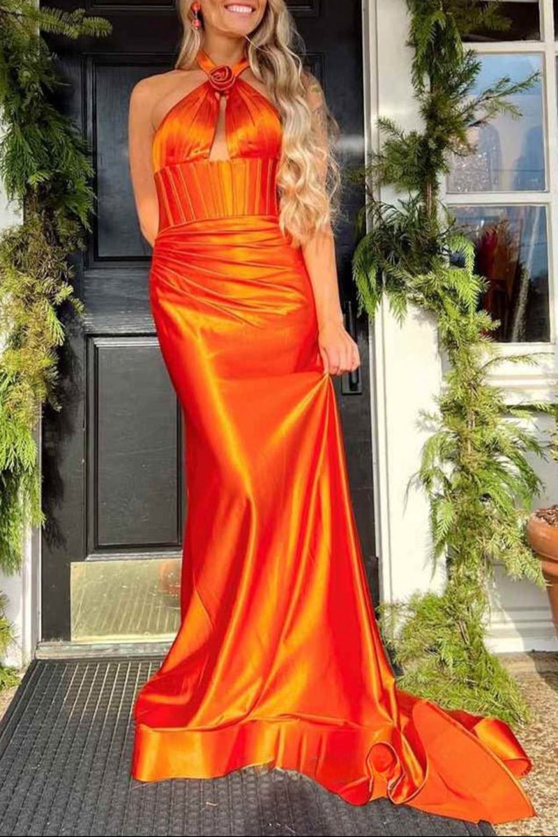 Mermaid Sage Halter Corset Long Prom Dresses with Rosette Embellishment