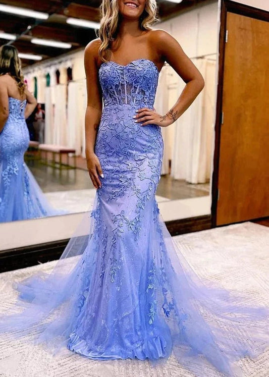 Mermaid Sweetheart Neck Lace Long Prom Dresses with Appliques