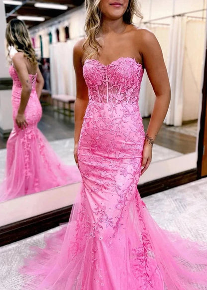 Mermaid Sweetheart Neck Lace Long Prom Dresses with Appliques