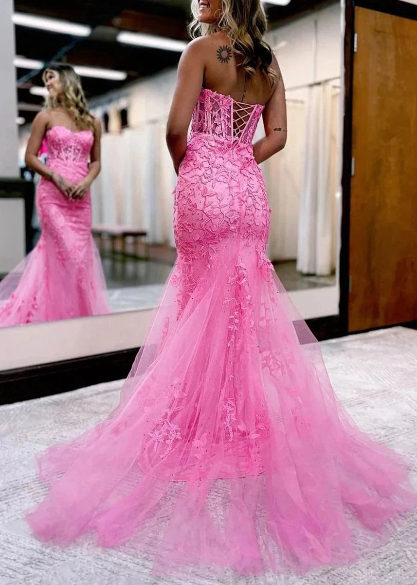 Mermaid Sweetheart Neck Lace Long Prom Dresses with Appliques