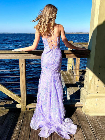 Mermaid Spagehtti Straps Lace Sequin Long Prom Dresses