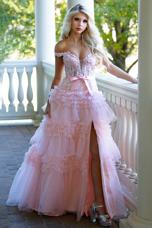 A-line Tulle Ruffles Off the Shoulder Long Prom Dresses with Bow