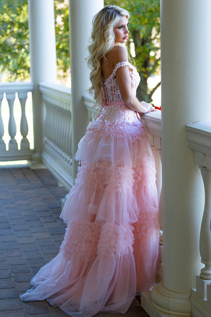 A-line Tulle Ruffles Off the Shoulder Long Prom Dresses with Bow