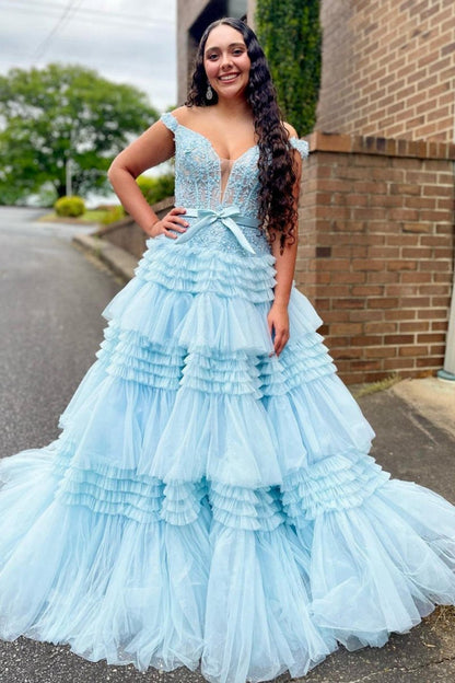 A-line Tulle Ruffles Off the Shoulder Long Prom Dresses with Bow