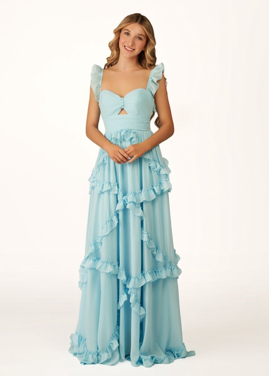A-line Straps Chiffon Ruffles Long Prom Dresses