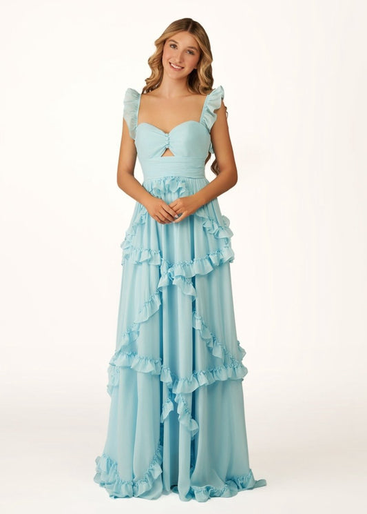 A-line Straps Chiffon Ruffles Long Prom Dresses