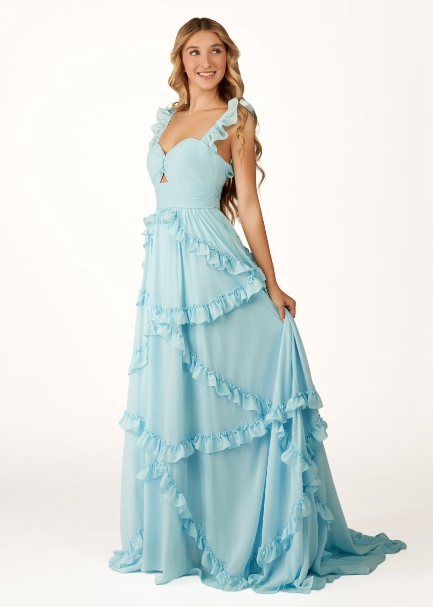 A-line Straps Chiffon Ruffles Long Prom Dresses
