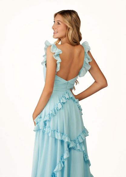 A-line Straps Chiffon Ruffles Long Prom Dresses