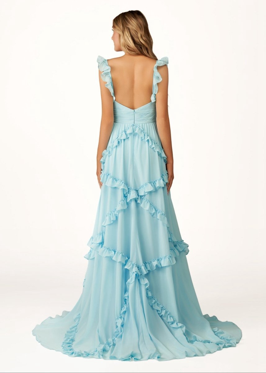 A-line Straps Chiffon Ruffles Long Prom Dresses