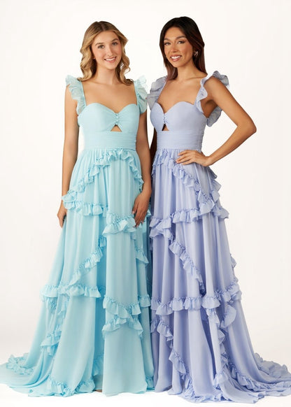 A-line Straps Chiffon Ruffles Long Prom Dresses