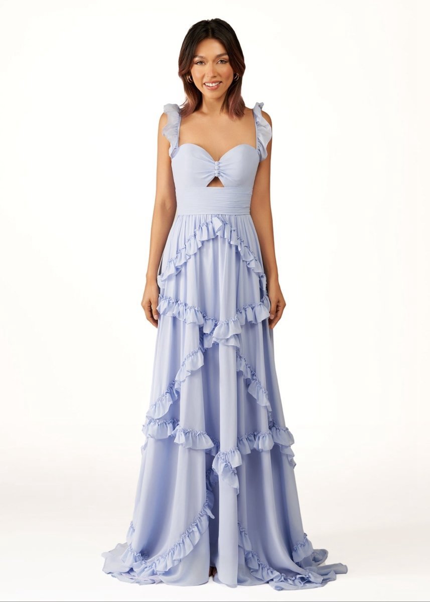 A-line Straps Chiffon Ruffles Long Prom Dresses