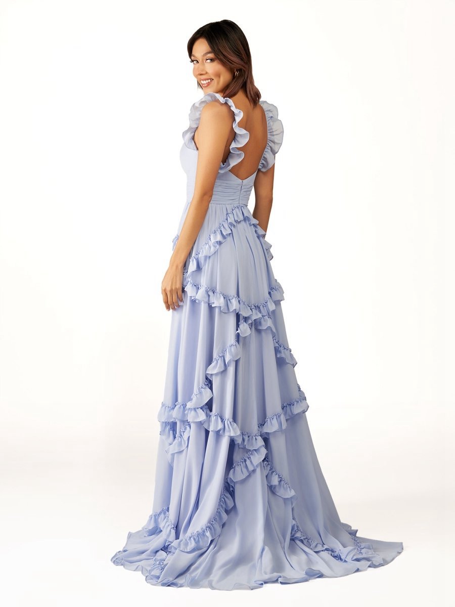 A-line Straps Chiffon Ruffles Long Prom Dresses