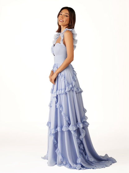 A-line Straps Chiffon Ruffles Long Prom Dresses