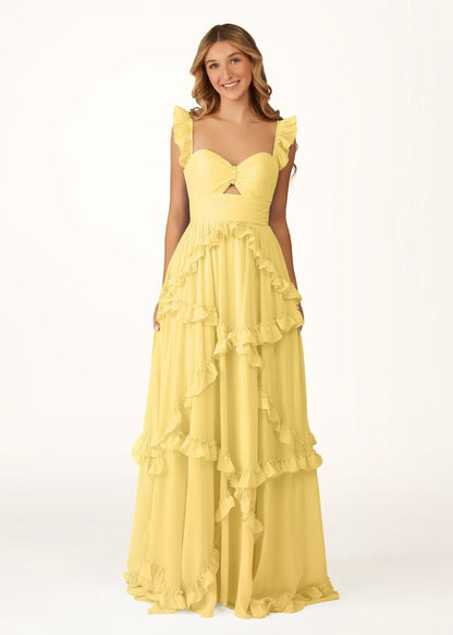 A-line Straps Chiffon Ruffles Long Prom Dresses