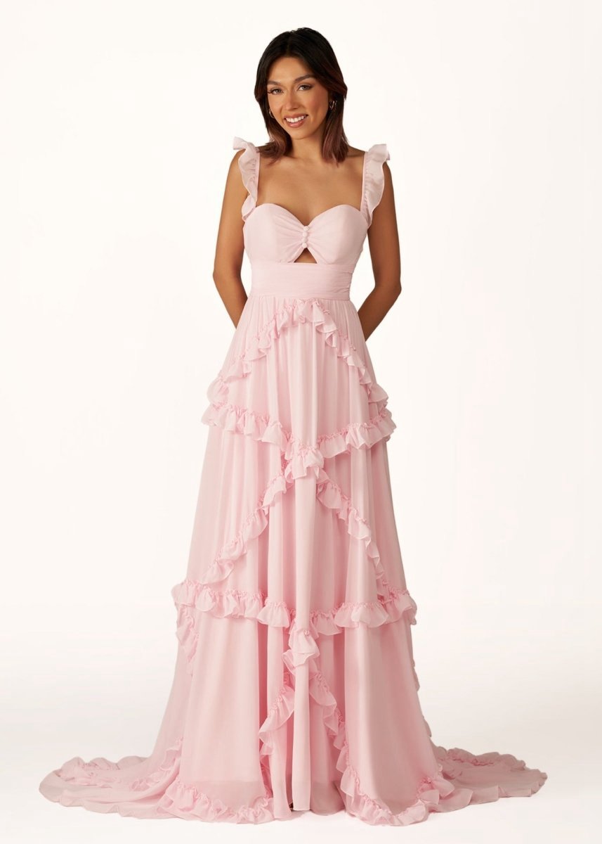 A-line Straps Chiffon Ruffles Long Prom Dresses