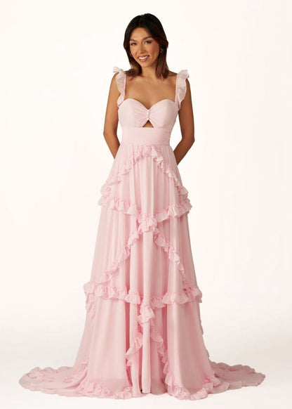 A-line Straps Chiffon Ruffles Long Prom Dresses