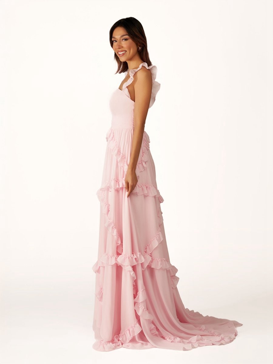 A-line Straps Chiffon Ruffles Long Prom Dresses
