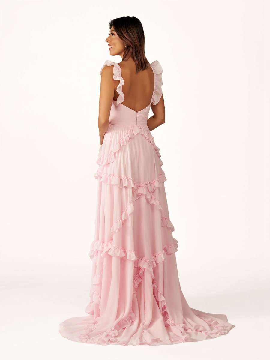 A-line Straps Chiffon Ruffles Long Prom Dresses