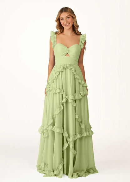 A-line Straps Chiffon Ruffles Long Prom Dresses