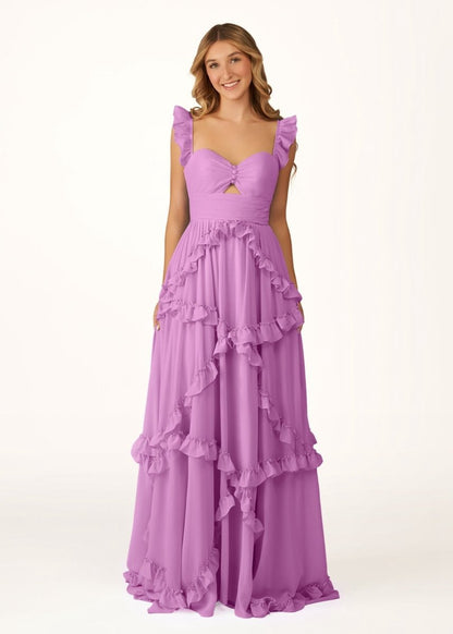 A-line Straps Chiffon Ruffles Long Prom Dresses