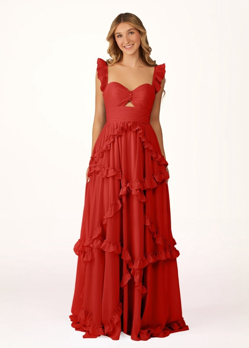 A-line Straps Chiffon Ruffles Long Prom Dresses