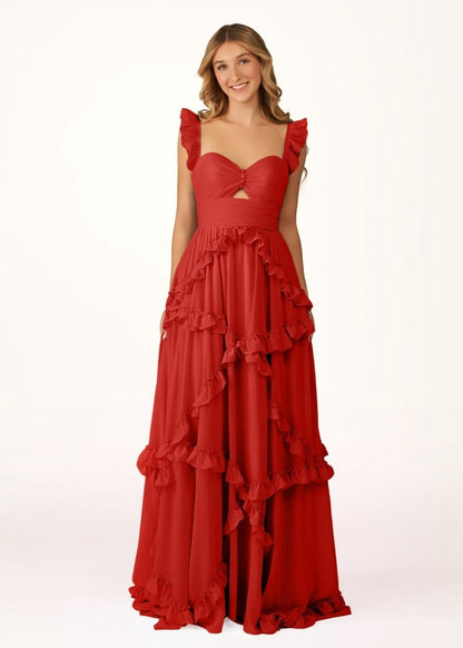 A-line Straps Chiffon Ruffles Long Prom Dresses