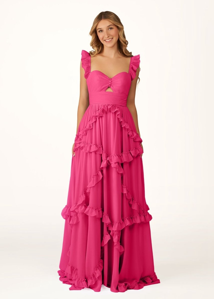 A-line Straps Chiffon Ruffles Long Prom Dresses